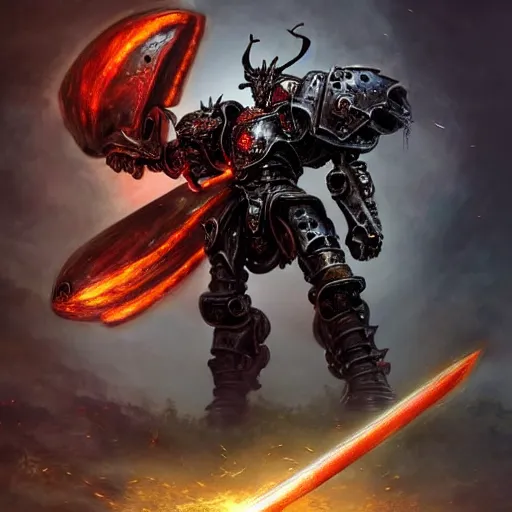 Image similar to a hyperrealistic magnificent robot holding a powerful sword, archaon the everchosen, terminator, Terminator: Dark Fate, most beautiful image ever created, emotionally evocative, greatest art ever made, lifetime achievement magnum opus masterpiece, the most amazing breathtaking image with the deepest message ever painted, a thing of beauty beyond imagination or words