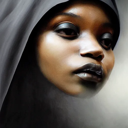 Image similar to a portrait of a young black woman wearing a long dark cloak, hood and shadows covering face, anatomically correct, beautiful perfect face, enigmatic, oil painting, matte painting, black background, Volumetric dynamic lighting, Highly Detailed, Cinematic Lighting, Unreal Engine, 8k, HD, by Beksinski