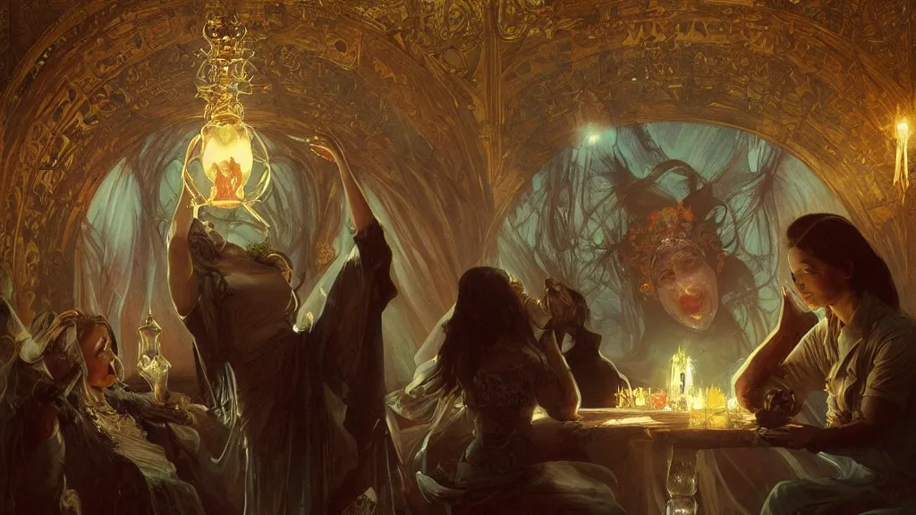 Prompt: a seance in an old victorian parlor, ectoplasm, manifestations, spirits, crystal ball, fantasy, intricate, cinematic lighting, highly detailed, digital painting, artstation, concept art, smooth, sharp focus, illustration, art by Artgerm and Greg Rutkowski and Alphonse Mucha