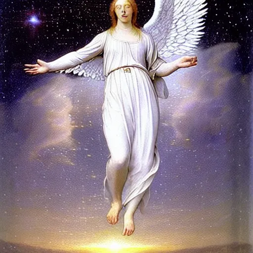 Image similar to renaissance hyper realistic painting of white angel!!! beautiful face, no gender!!!, ball of miracle light from the chest!!!!!, miracle light coming overhead!!, miracles everywhere, lot of fire and stars overhead!!!, by caspar david friedrich, misty space, holography effect, glow effect, large strokes, high detailed, white background