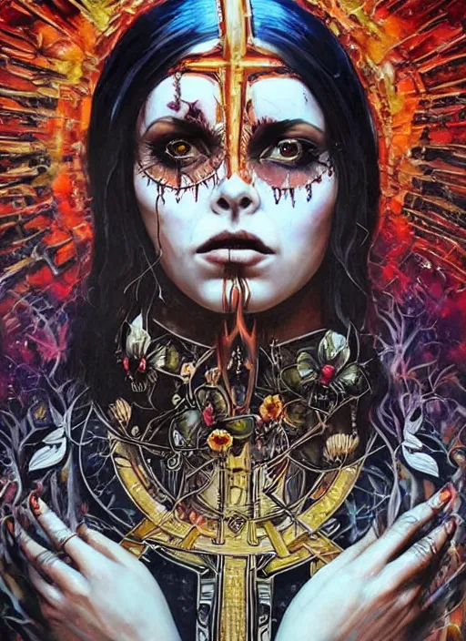 Prompt: beautiful tripping cult magic psychic woman, subjective consciousness psychedelic, epic occult ritual symbolism story iconic, dark robed witch, oil painting, robe, symmetrical face, greek dark myth, by Sandra Chevrier, Johanna Martine, masterpiece