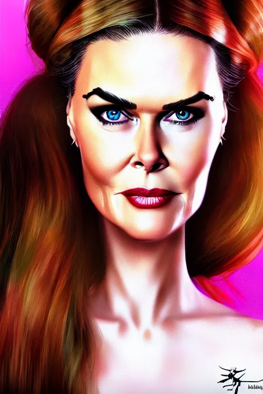 Image similar to portrait of a mix of beautiful young maria shriver, mariel hemmingway, brooke shields, nicole kidman and elle macpherson as catwoman, thin lips, hair tied up in a pony tail, colorful artstation, cgsociety