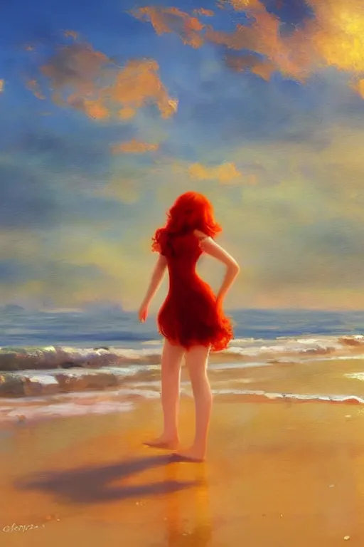 Image similar to a red haired young girl beach surreal, sunrise, dramatic light, impressionist painting, colorful clouds, digital painting, artstation, vittorio matteo corcos