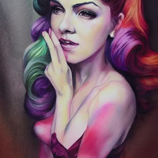 Prompt: marina diamandis, trending on arstation, by vanessa lemena dn charlie bowater, colorful pastels watercolor artwork painting
