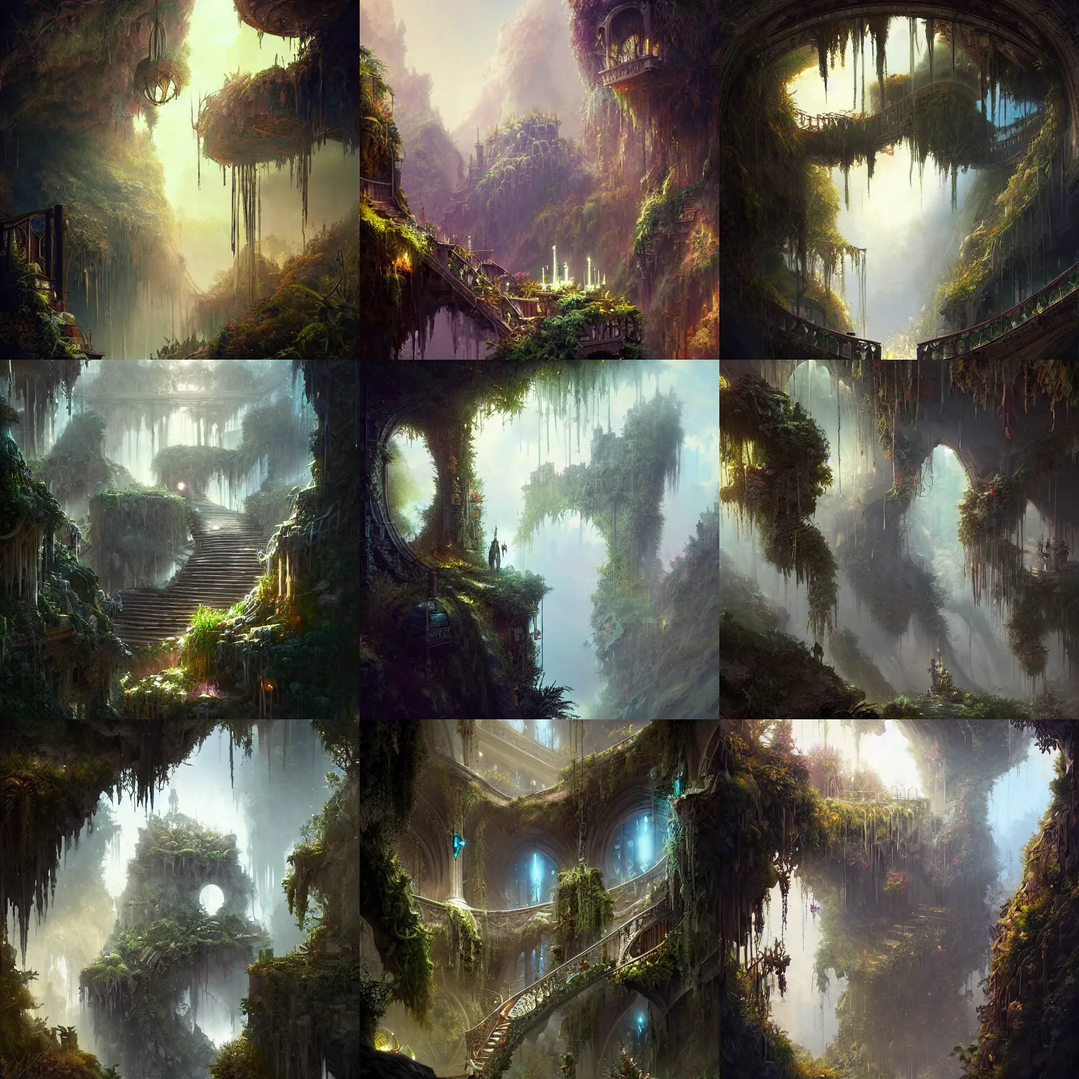 Prompt: victorian hanging gardens on the bottom of a cliff, archways, large glass ceilings, staircases, light dust, by peter mohrbacher dan mumford craig mullins nekro, cgsociety, pixiv, volumetric light, 3 d render