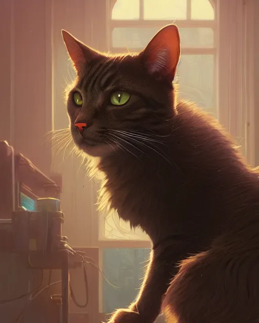 Image similar to highly detailed vfx portrait of a cat, unreal engine, greg rutkowski, loish, rhads, beeple, makoto shinkai and lois van baarle, ilya kuvshinov, rossdraws, tom bagshaw, alphonse mucha, global illumination, detailed and intricate environment