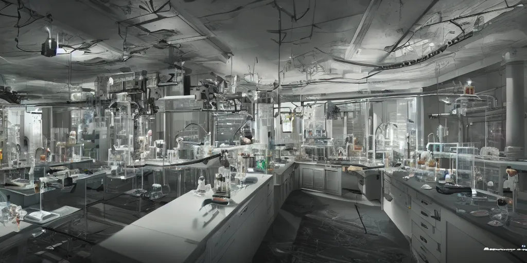 Image similar to an extremely detailed render of bio laboratory, trending on Artstation, 8k, photorealistic, hyper detailed, unreal engine 5, cinematic, epic lighting