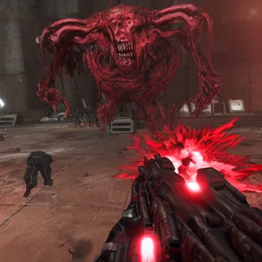 Prompt: real life doom slayer walking on human bloody dead bodies, shooting with heavy bolt rifle towards demons