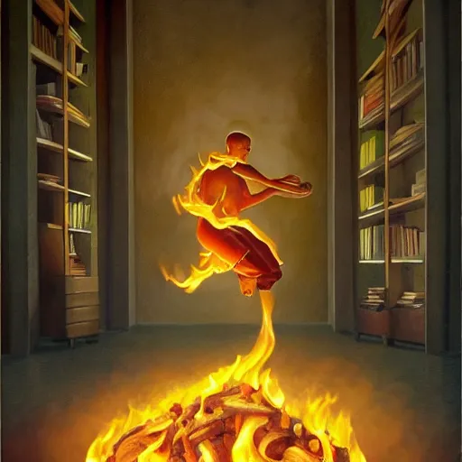 Prompt: un muchacho con fuego en la biblioteca, con h.r geiger, con vladimir kush - n 6