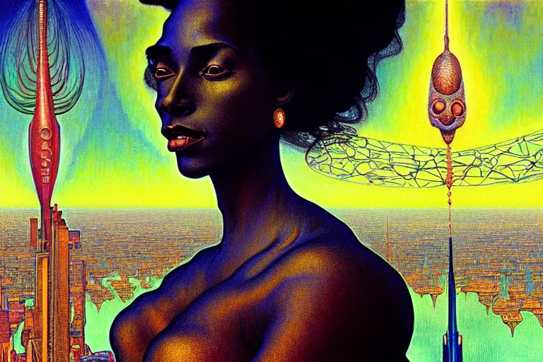 Image similar to realistic extremely detailed closeup portrait painting of a beautiful black woman in a dress with supercomputer alien, city street on background by Jean Delville, Amano, Yves Tanguy, Ilya Repin, Alphonse Mucha, Ernst Haeckel, Edward Hopper, Edward Robert Hughes, rich moody colours