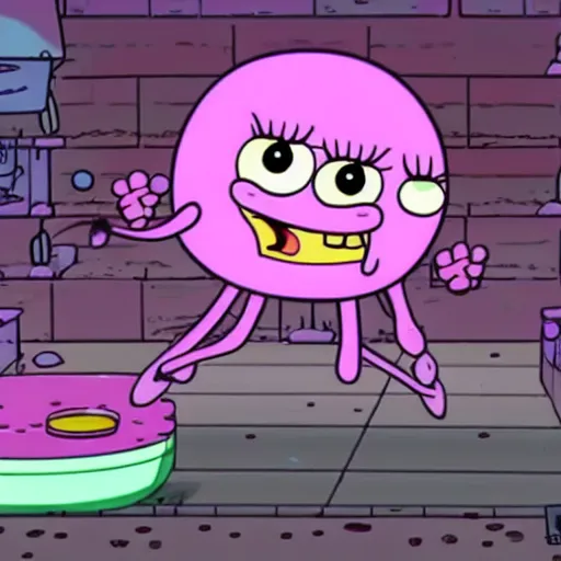 Image similar to pink jellyfish from the cartoon SpongeBob Squarepants hits SpongeBob with a metal sieve