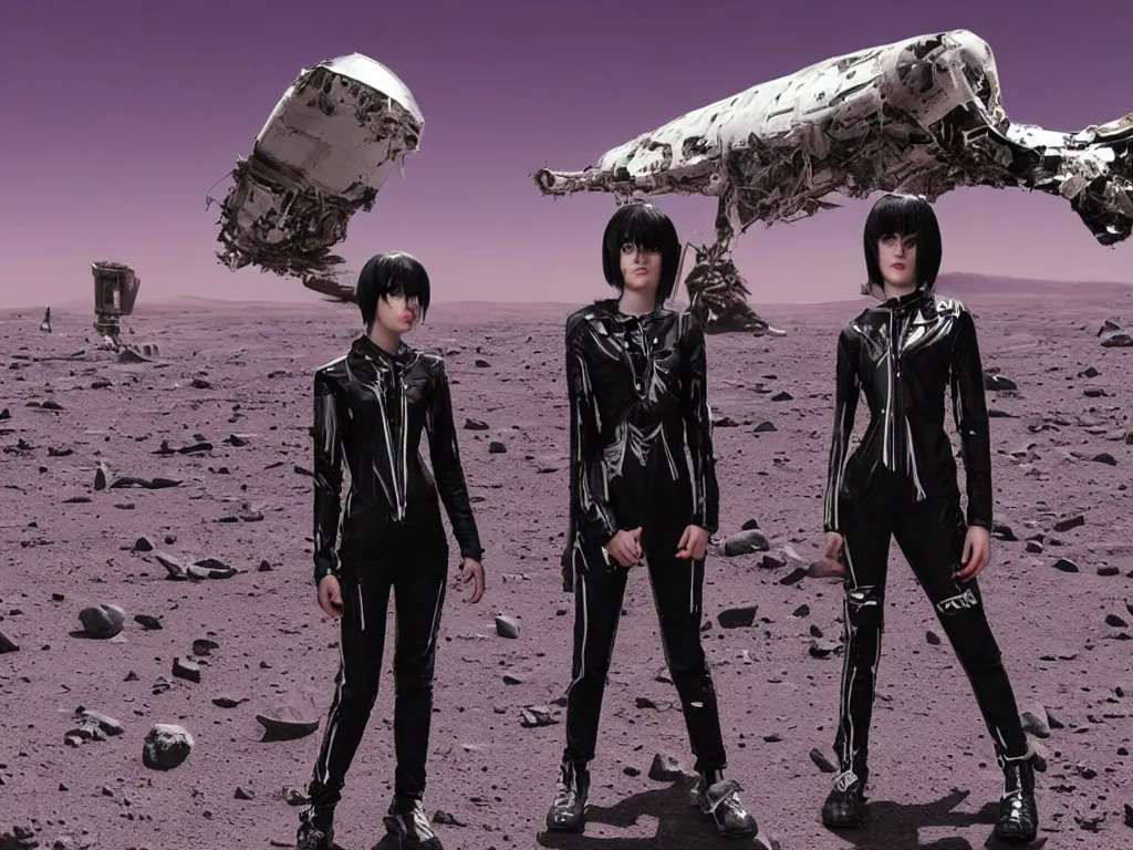 Prompt: two slouching teenagers with emo haircuts wearing gothy purple and black space spandex suits, standing next to exploding spacecraft wreckage, on the surface of mars, magnificent white futuristic cityscape in the distance, highly detailed, dramatic lighting, photorealistic, cinematic