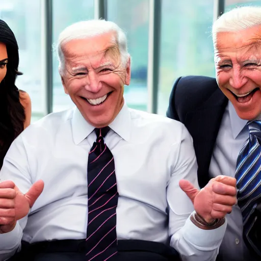 Image similar to stock photo of kim kardashian, joe biden, and bill gates wearing suits and ties laughing in an office building, 8k resolution, full HD, cinematic lighting, award winning, anatomically correct