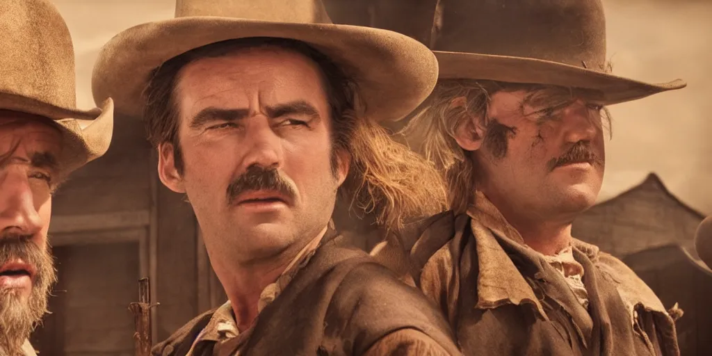 Prompt: vfx film, over the shoulder closeup, argument in the saloon of an old west town, sheriff and cowboy, western film, flat color profile low - key lighting award winning photography arri alexa cinematography, hyper real photorealistic cinematic beautiful natural skin, famous face, atmospheric warm colorgrade