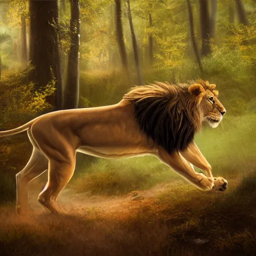 Image similar to an oil painting of lion chasing a deer in the forest, masterpiece, highly detailed, high quality, 4 k, anatomically correct, hyperrealistic, concept art, octane render, unreal engine 5, trending on artstation, trending on deviantart, matte, historical painting, fantasy style, path traced, high coherence, soft lighting, digital painting, mythical