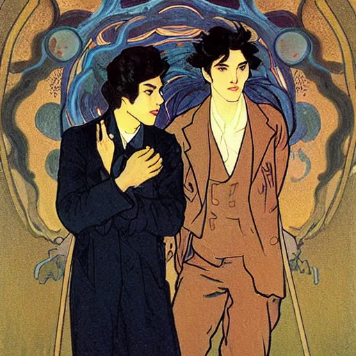 Image similar to painting of young cute handsome beautiful dark medium wavy hair man in his 2 0 s named shadow taehyung and cute handsome beautiful min - jun together at the halloween! party, bubbling cauldron!, candles!, smoke, autumn! colors, elegant, wearing suits!, clothes!, delicate facial features, art by alphonse mucha, vincent van gogh, egon schiele