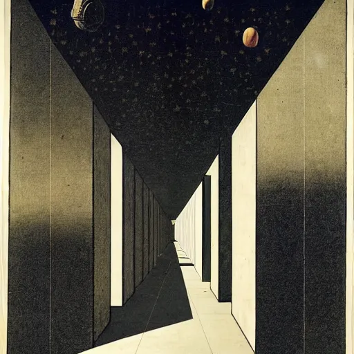 Image similar to a parade of disconnected images : obscure corners of nameless interiors, astronomical diagrams projecting the distances between celestial bodies, a painting by giorgio de chirico, a list of unpopular anagrams.