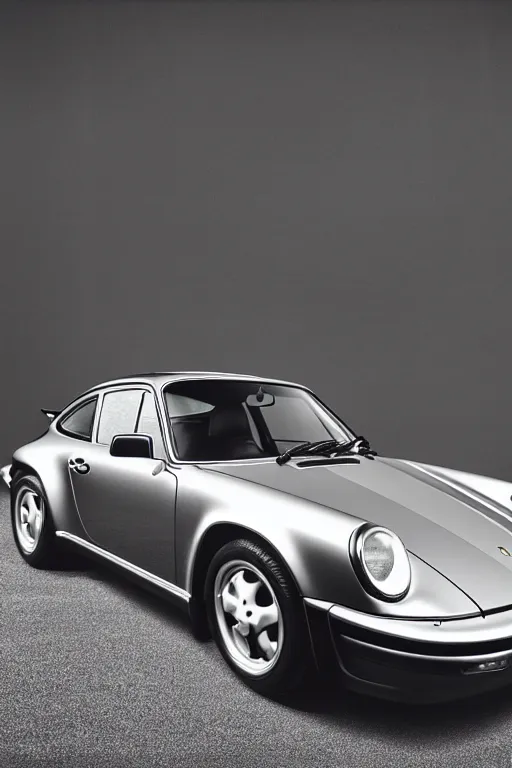 Prompt: Photo of a silver Porsche 911 Carrera 3.2, daylight, dramatic lighting, award winning, highly detailed, 1980s Versace ad, Fashion photography