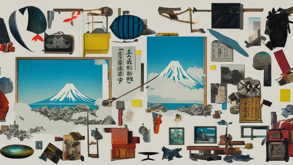 Image similar to an arrangement of traveller explorer props, japan, a collage painting, in the style of wes anderson, lola dupre, david hockney, isolated on negative white space background dark monochrome neon spraypaint accents volumetric octane render