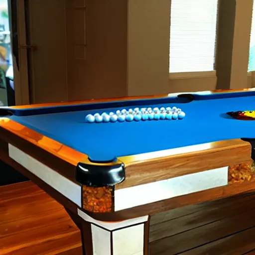 Prompt: a pool table with marbles for balls, photorealistic,