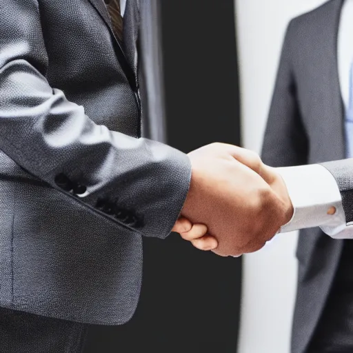 Image similar to photograph of a people in suits shaking hands, white background, close up