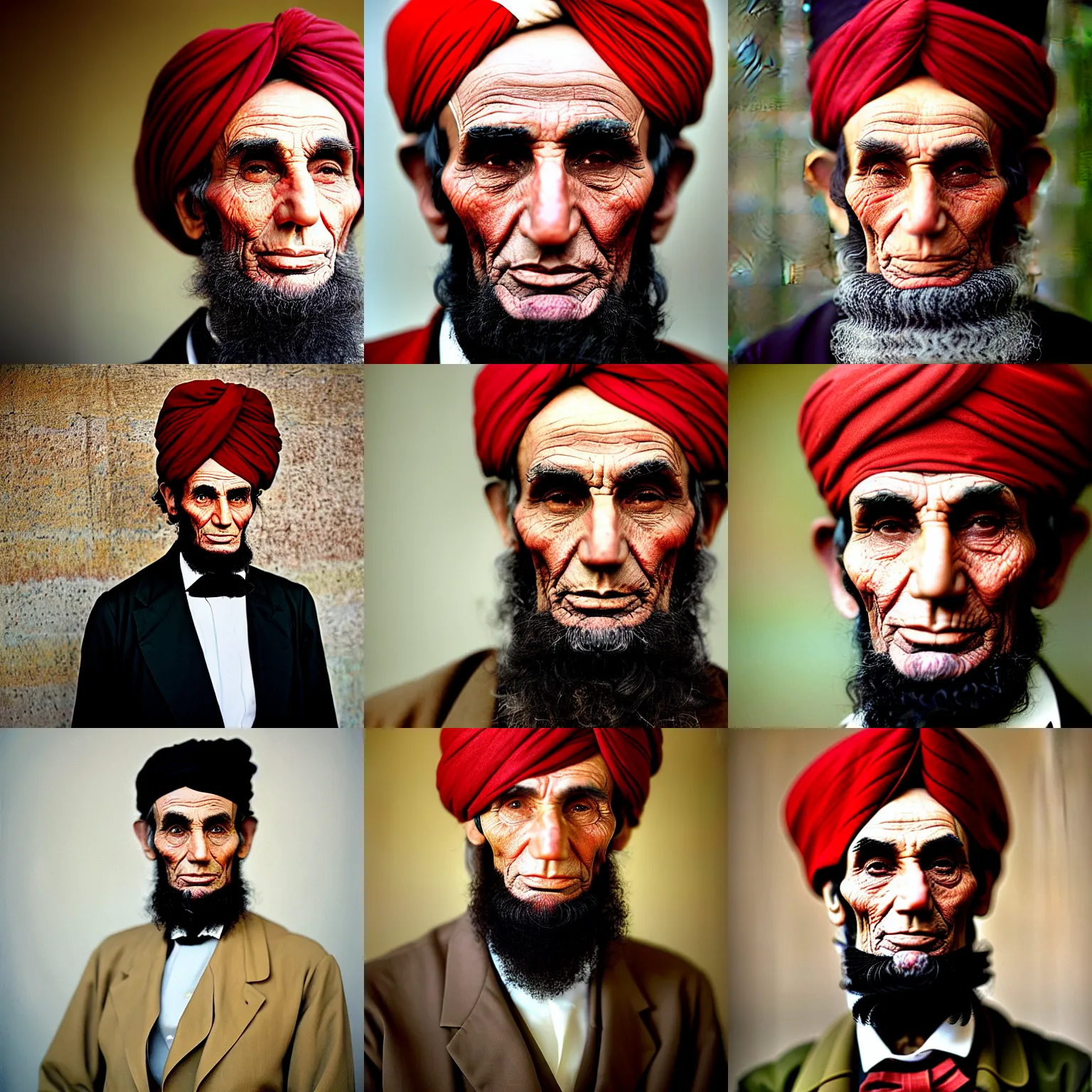 Prompt: portrait of abraham lincoln as afghan man, green eyes and red turban looking intently, photograph by steve mccurry