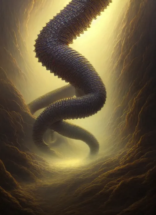 Image similar to a long forgotten centipede creatue with human arms and a pale human face, in the style of tomasz alen kopera and fenghua zhong and peter mohrbacher, mystical colors, rim light, beautiful lighting, 8 k, stunning scene, raytracing, octane, trending on artstation