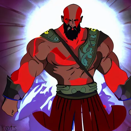 Image similar to kratos in the game hades, still from the game, cel shaded, cartoon style