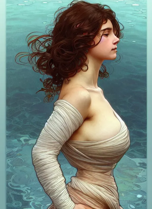 Image similar to full body portrait of a woman posing, short wavy hair, round face, cottagecore!!, inside water, intricate, enlightened, highly detailed, digital painting, artstation, concept art, smooth, sharp focus, illustration, art by artgerm and greg rutkowski and alphonse mucha