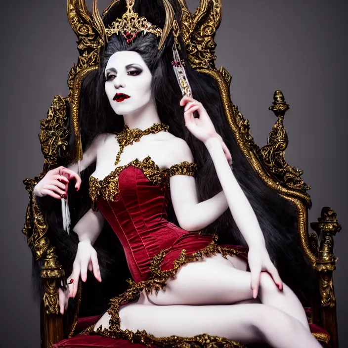 Prompt: photograph of a real-life beautiful vampire queen with ornate dress sitting on a throne. Extremely detailed. 8k