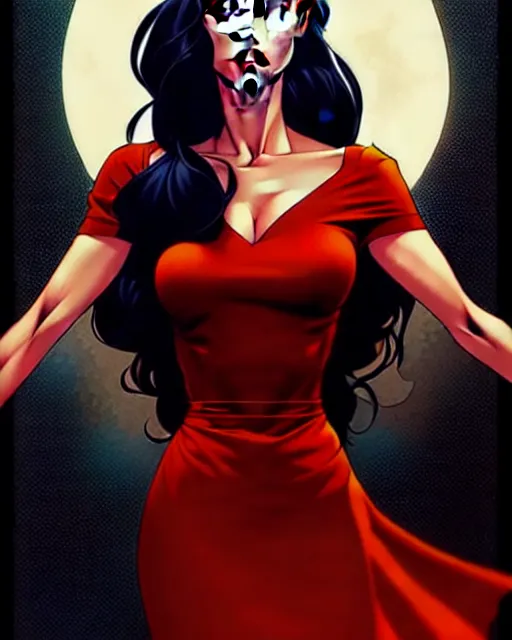 Image similar to artgerm, joshua middleton comic cover art, full body pretty megan fox holding a shotgun, red dress, symmetrical eyes, symmetrical face, long curly black hair, dark city background, cinematic lighting