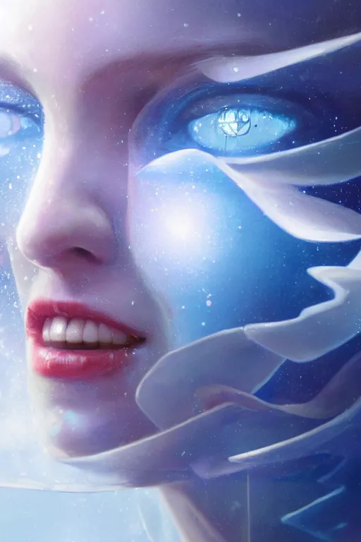 Image similar to 3 d, sci - fi, close - up, morning, smiling fashion model face, sun, cinematic, clouds, sun rays, vogue cover style, poster art, blue mood, realistic painting, intricate oil painting, high detail illustration, figurative art, multiple exposure, poster art, by tooth wu and wlop and beeple and greg rutkowski