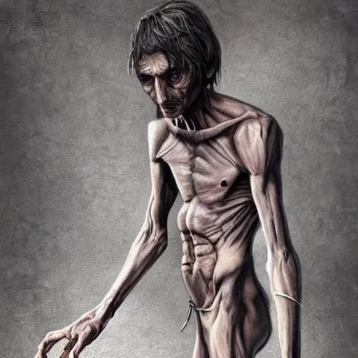 Image similar to extremely skinny and starved man. fantasy art