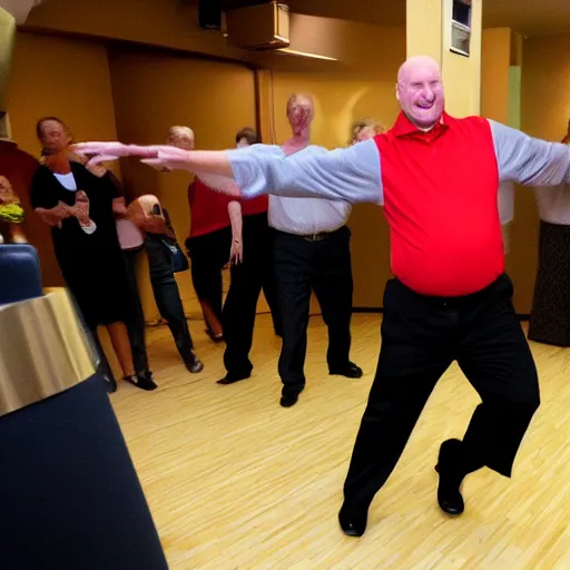 Image similar to Steve Balmer shows off his new dance moves at the club.