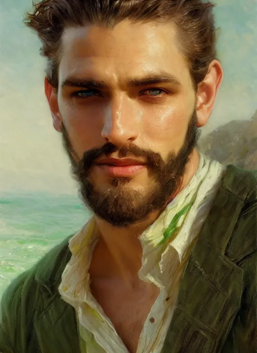 Prompt: detailed cinematic wide shot of muscular attractive young cuban man beard slim face symmetrical face tanskin green eyes white hair wearing sea clothes, ultra realistic, spring light, painting by gaston bussiere, craig mullins, j. c. leyendecker