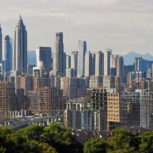 Image similar to a giant building of jengas on a city skyline, beautiful photo