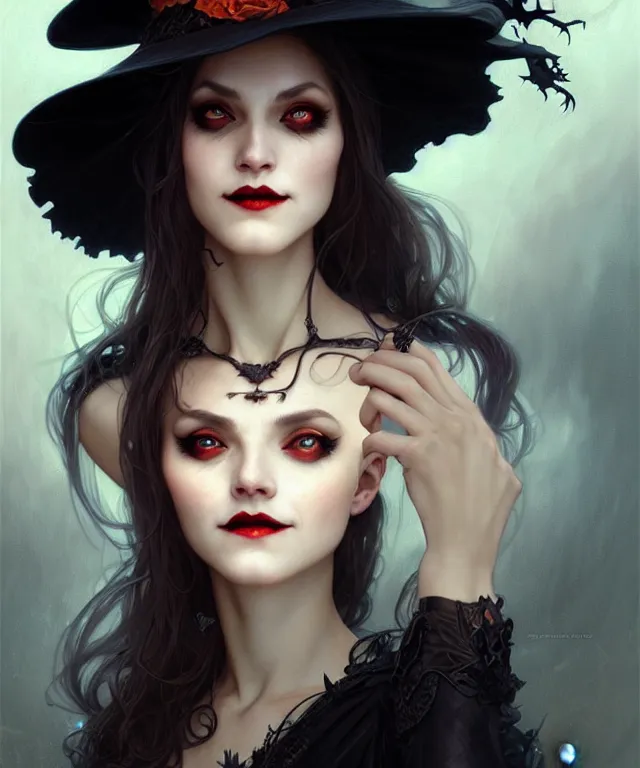 Image similar to halloween witch woman in a hat smiles, fantasy magic, undercut hairstyle, dark light night, intricate, elegant, sharp focus, illustration, highly detailed, digital painting, concept art, matte, art by wlop and artgerm and greg rutkowski and alphonse mucha, masterpiece