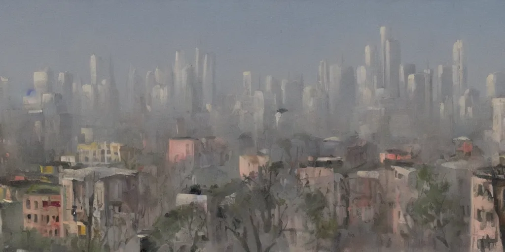 Image similar to In the foreground is a small white house, and in the background is the smoky China City, Stefan Hirsch painting style.