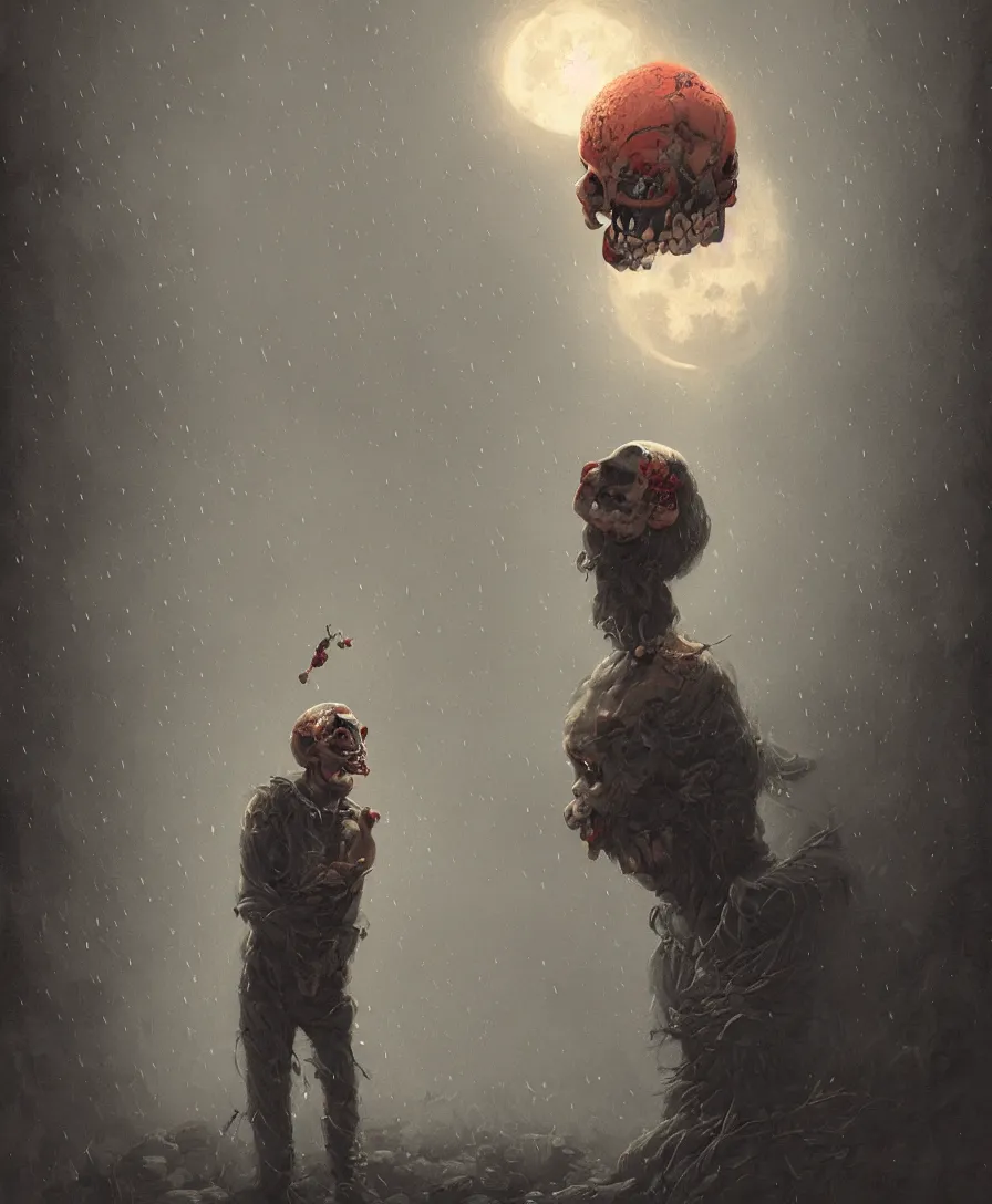 Prompt: portrait skull clown, raining, moon, illustrated by Simon Stålenhag and Gaston Bussiere, beautiful volumetric lighting style atmosphere, intricate, ultra detailed, photorealistic, trending on artstation