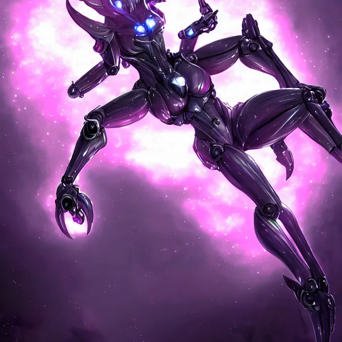 Image similar to cinematic shot, bust, cosmic sized perfectly proportioned stunning beautiful hot female warframe, anthropomorphic robot mecha female dragon, silver, fuschia leds, floating in empty space, nebula sized, holding a galaxy, epic proportions, epic size, epic scale, furry art, dragon art, giantess art, warframe fanart, furaffinity, deviantart