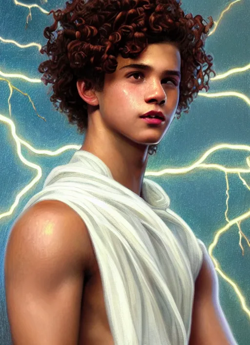 Image similar to portrait of teenage zeus, greek, short curly copper hair, smiling mischievously, wearing a white sash, olive tree, intricate, elegant, lightning bolt, glowing lights, highly detailed, digital painting, artstation, concept art, smooth, sharp focus, illustration, art by wlop, mucha, artgerm, and greg rutkowski