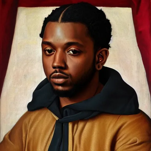 Image similar to a renaissance style portrait painting of kendrick lamar