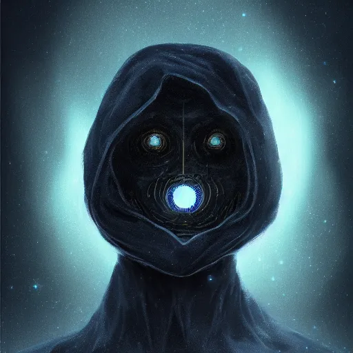 Image similar to award - winning. trending on artstation. 4 k. eerie tone. a mouthless astral figure wearing a hooded cape made of the night sky with 1 5 dark blue glowing eyes on its face and rows of teeth on its chest. full - body. portrait.