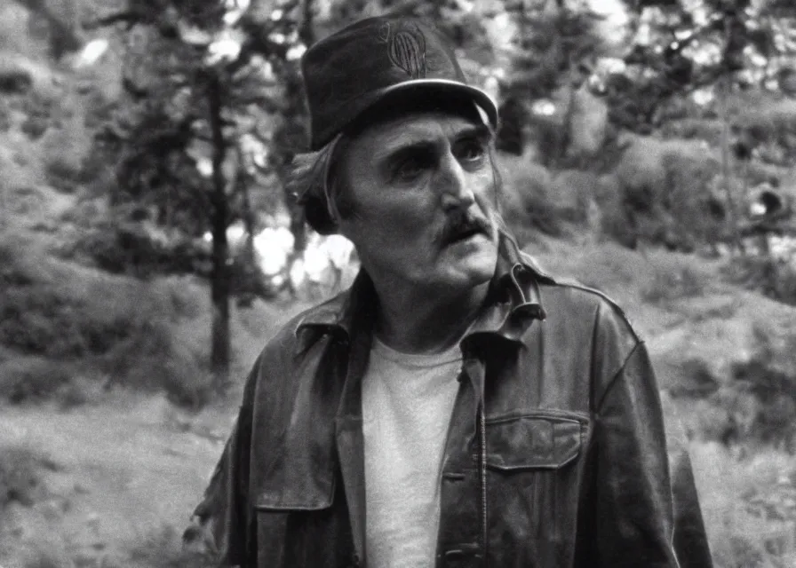 Image similar to Film still of 1980s Dennis Hopper in Twin Peaks (1990), The Black Lodge from Twin Peaks, eerie lynchian photography