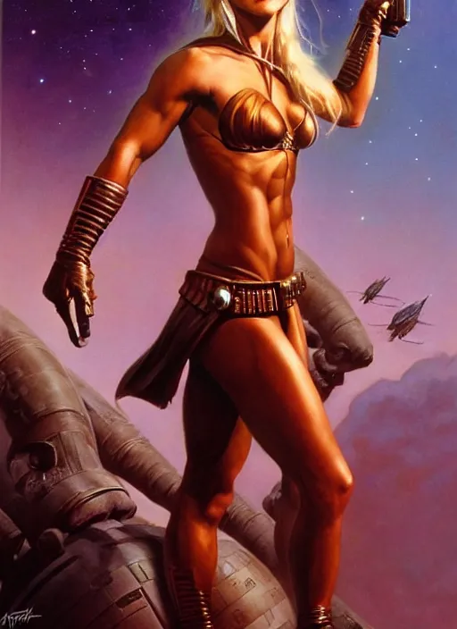 Image similar to a stunning medium shot portrait of julianne hough as a star wars slave girl, digital art by frank frazetta and boris vallejo and julie bell and moebius, highly detailed, trending on artstation, hq