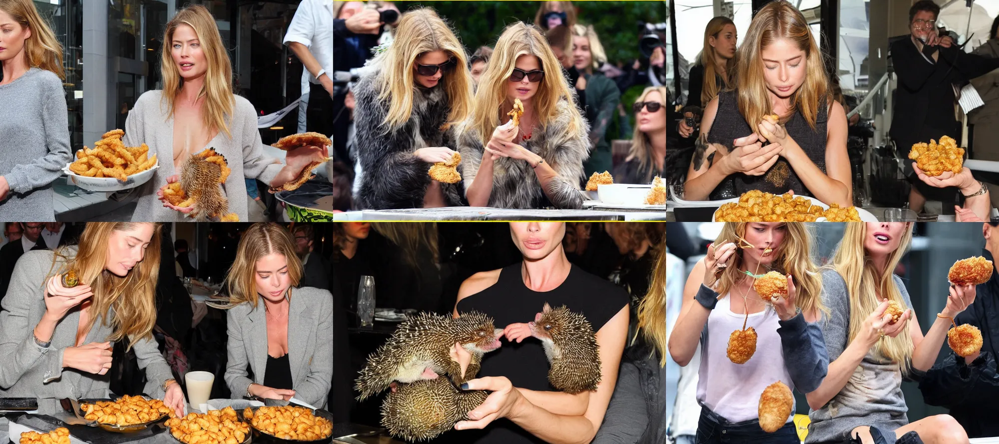 Prompt: doutzen kroes eating fried hedgehog