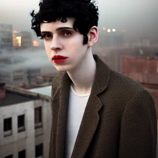 Image similar to un ultra high definition studio quality photograph portrait of a pale young man with black hair standing on the rooftop of an apartment building wearing eclectic clothes looking away from the camera. wide angle. morning. art directed. clear. fog. three point light. extremely detailed. golden hour, golden ratio, ray tracing, volumetric light, shallow depth of field.