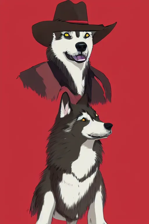 Prompt: a portrait painting of a husky in cowboy costume, wearing a cowboy hat, by [ studio ghibli ], in the style of anime, [ western film ], [ red dead ], trending on artstation