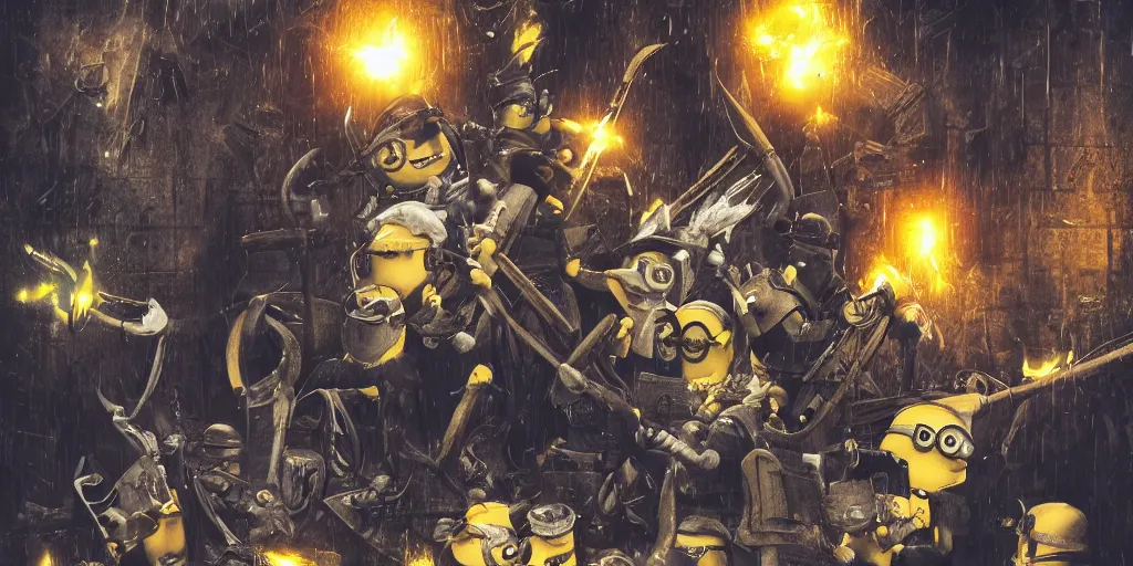 Prompt: Minions with axes and words against golden sparks, black smoke, yellow lights, Anime, cyberpunk, gothic, dark fantasy, art, 4k,