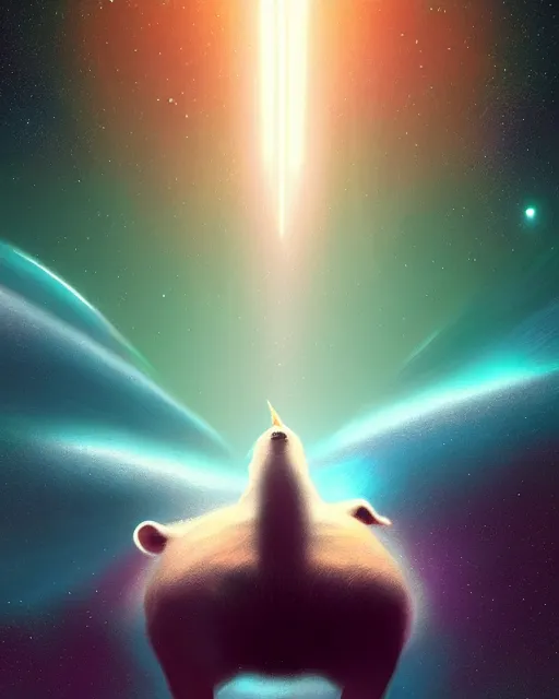 Prompt: a white capybara cruising the milky way, beautiful, agile, myth, legend, trending on artstation, light effects, kilian eng, john harris, bastien lecouffe - deharme